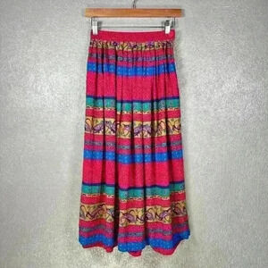 VINTAGE Chaus 80s Bright Pattern Maxi Full A-Line Pleated Skirt Women XS